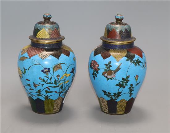 A pair of Japanese cloisonne enamel vases and covers, Meiji period height 17cm